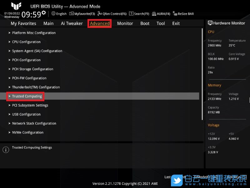 華碩主板,BIOS,關閉TPM,安全設備支持步驟